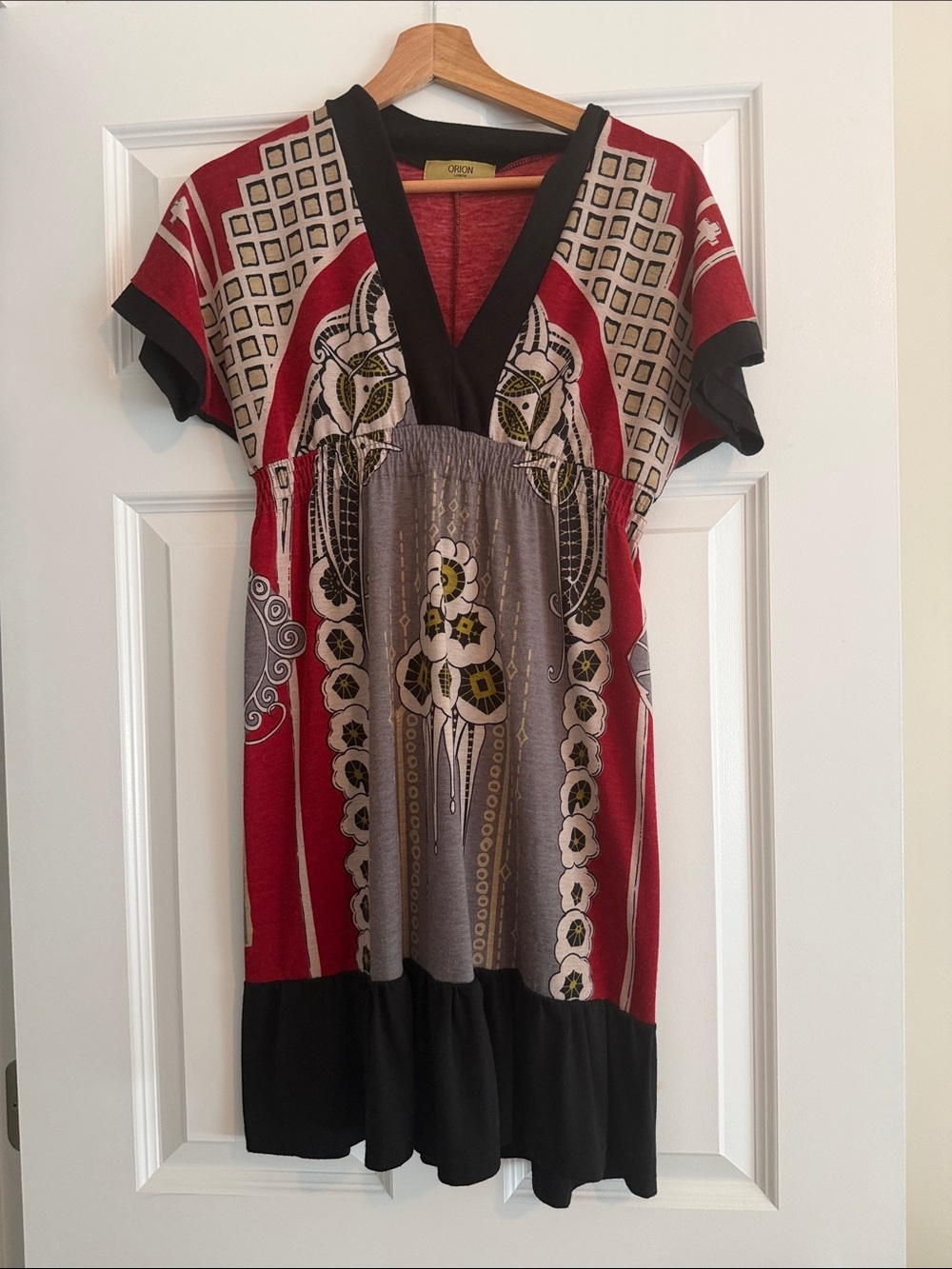 Orion London Red, Gray and Black Printed V-Neck Tunic
